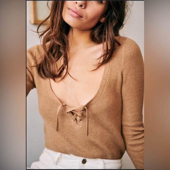 Sezane Sweaters - Sezane Soizic Cotton & Wool Ruffle Sleeve Ribbed Sweater